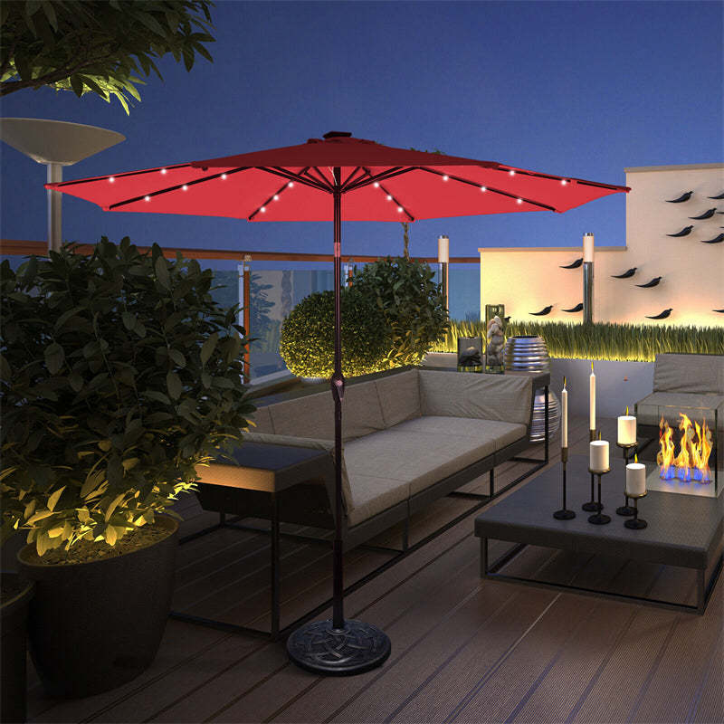 10FT Solar LED Patio Umbrella, Outdoor Steel Market Umbrella with 24 Lights, Crank & Tilt Adjustment for Backyard, Poolside, Garden