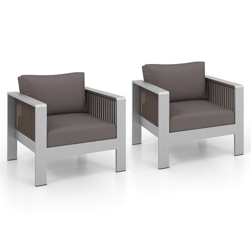 2PCS Aluminum Single Sofa Outdoor Club Chair Alloy Patio Accent Chair Garden Armchair with Thick Back & Seat Cushions