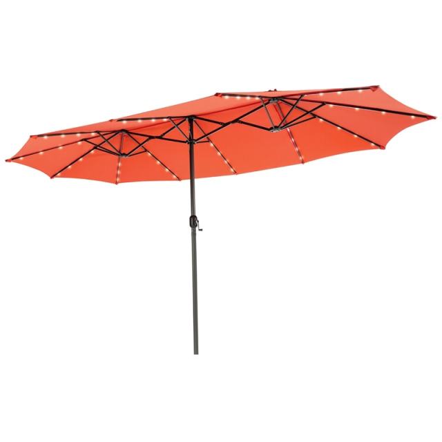 15FT Double-Sided Patio Umbrella with 48 Solar LED Lights & Crank Handle, Extra Large Outdoor Market Umbrella for Poolside, Deck, Backyard
