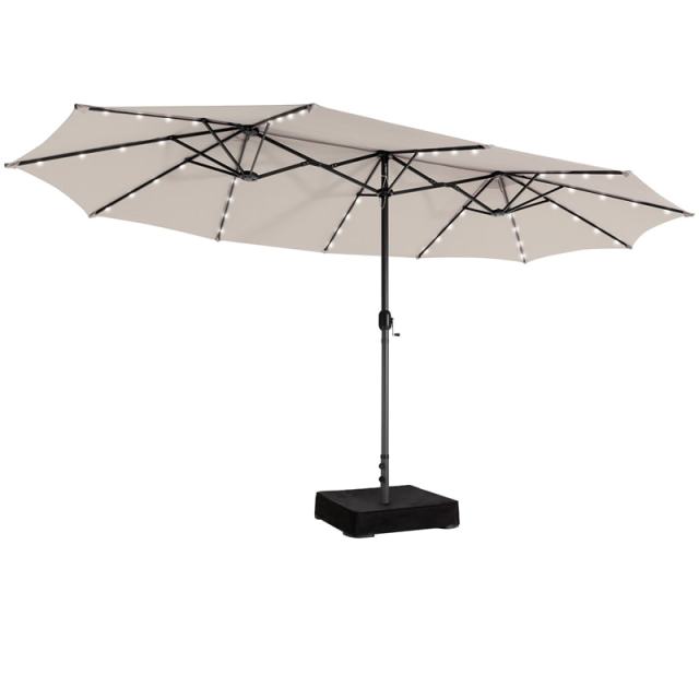 15FT Double-Sided Patio Umbrella with Base, 48 Solar LED Lights & Crank Handle, Extra Large Double Outdoor Umbrella for Poolside, Backyard