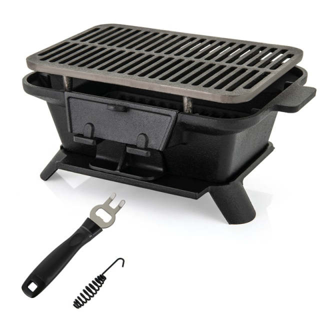 Portable Cast Iron Hibachi Grill, Japanese Tabletop Charcoal Grill with Double-Side Sear Grate & Grill Lifter for Camping, Picnics & Backyard BBQs