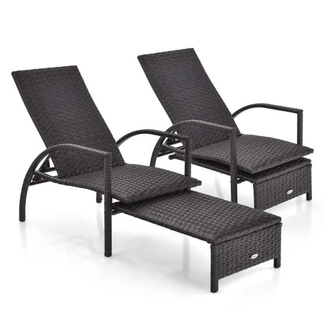 Patio Chaise Lounge Set of 2, Outdoor Rattan Lounge Chairs with Retractable Footrest, 5-Level Adjustable Backrest, Padded Seat, Metal Frame for Yard