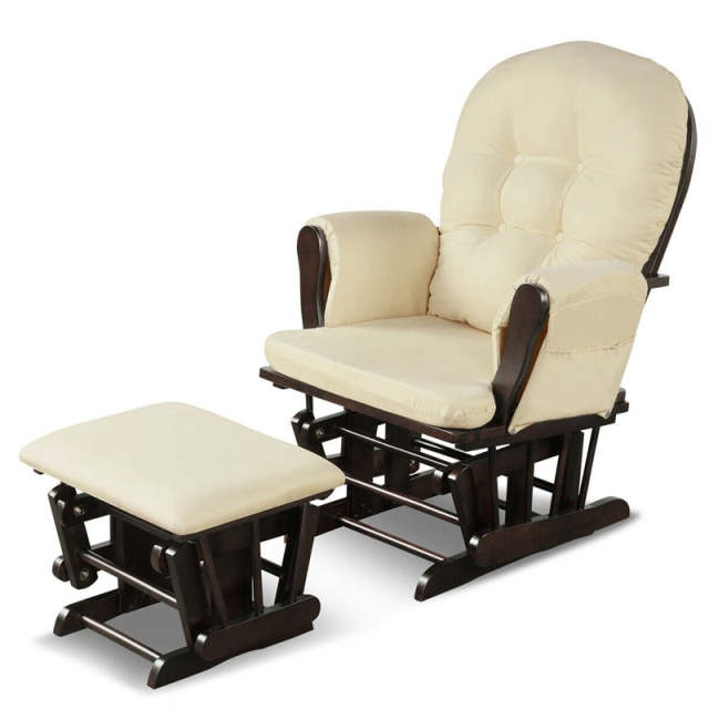 Wood Nursery Glider Chair & Ottoman Set, Upholstered Glider Rocker with Padded Cushion, Storage Pocket, Modern Rocking Chair for Nursery