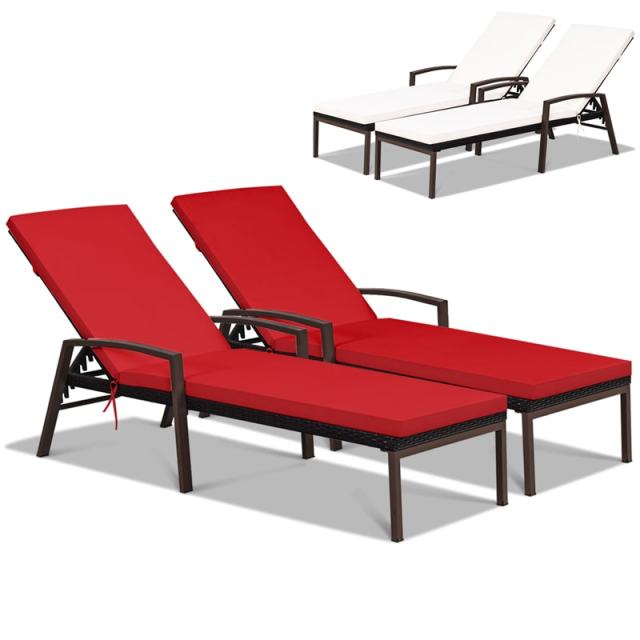 2PCS Wicker Outdoor Chaise Lounge Chairs with Cushions & 5 Adjustable Backrest, PE Rattan Patio Sun Loungers for Poolside, Backyard, Deck