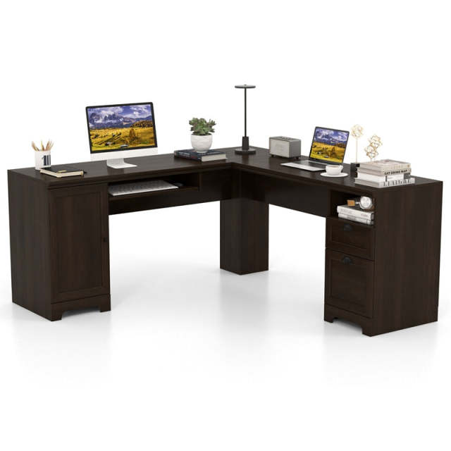 66" L-Shaped Office Desk, Modern Executive Corner Computer Desk with Power Outlets, Storage, Adjustable Shelf, Keyboard Tray for Working Writing