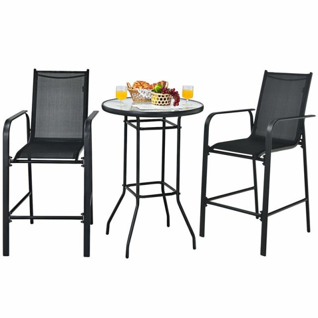 3-Piece Patio Bar Set, Outdoor Bar Height Bistro Set with 2 Chairs & Tempered Glass Top Table for Backyard, Garden, Lawn