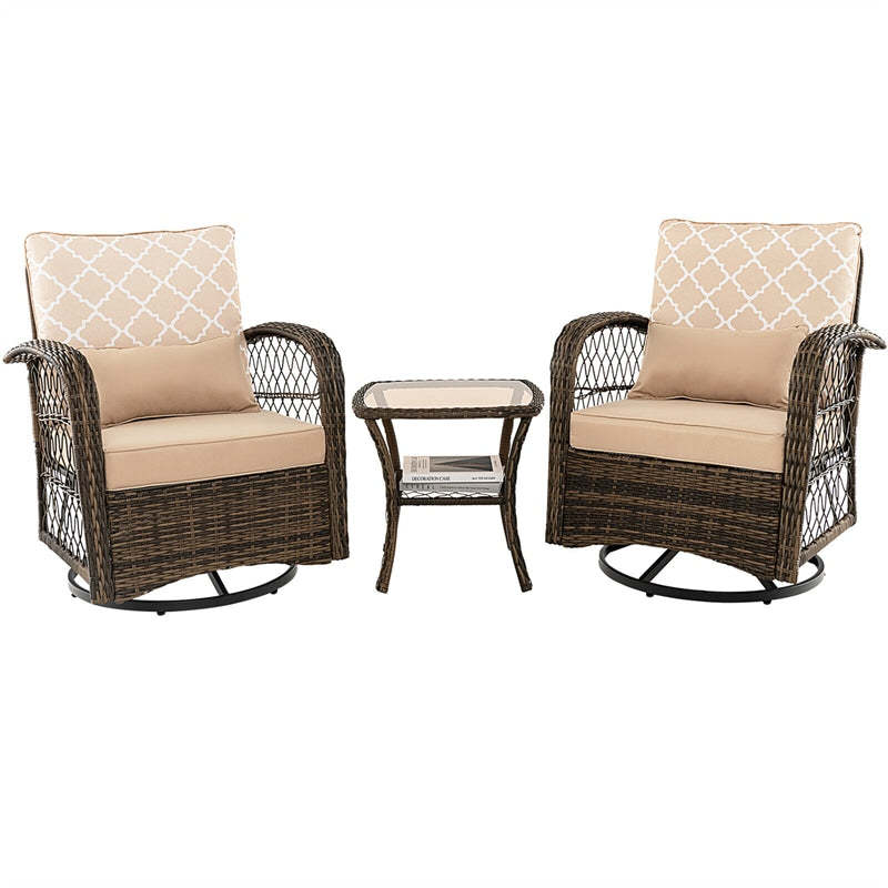 3-Piece Wicker Swivel Rocker Set, Outdoor Rocking Chairs with Cushions & Tempered Glass Table, Rattan Patio Bistro Set for Backyard, Balcony, Porch