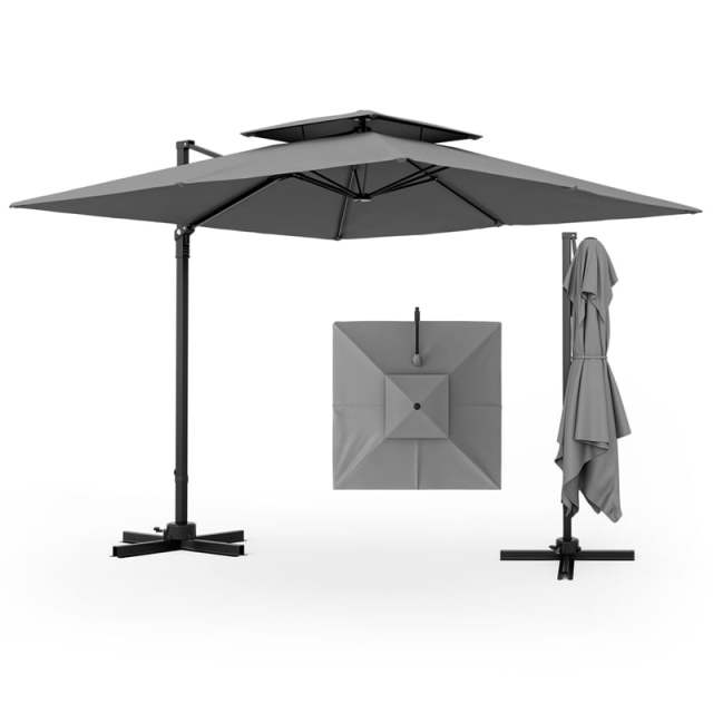 9.5FT Double Top Cantilever Umbrella, Heavy Duty Offset Hanging Patio Umbrella Square Outdoor Umbrella with 360° Rotation & Cross Base