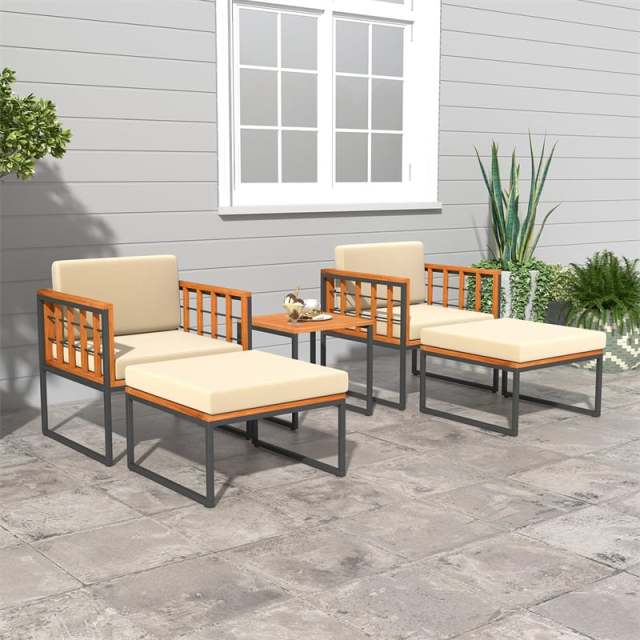 5 Pieces Acacia Wood Patio Furniture Set Outdoor Conversation Set with Coffee Table, Ottomans, Soft Back & Seat Cushions