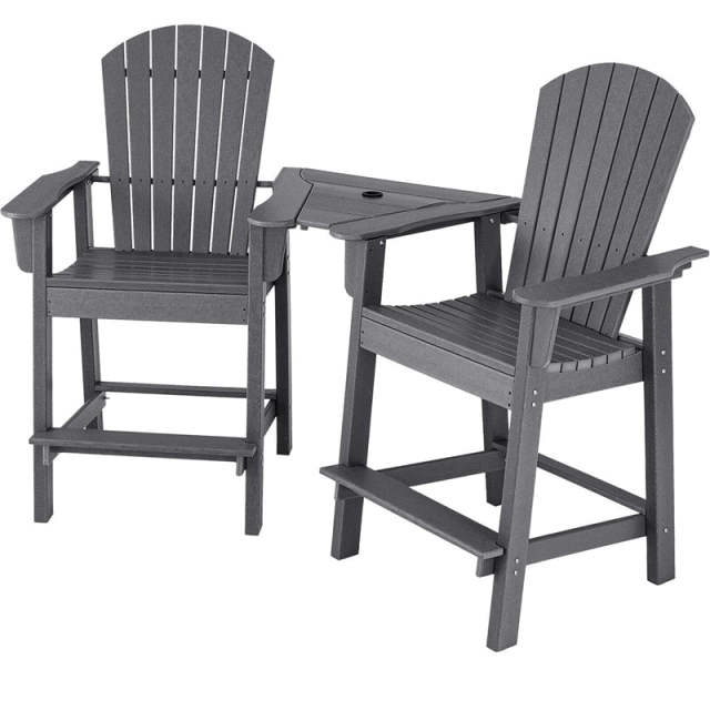 HDPE Tall Adirondack Chairs Set of 2 with Connecting Tray & Umbrella Hole, All-Weather Outdoor Counter Height Bar Stools for Patio, Backyard