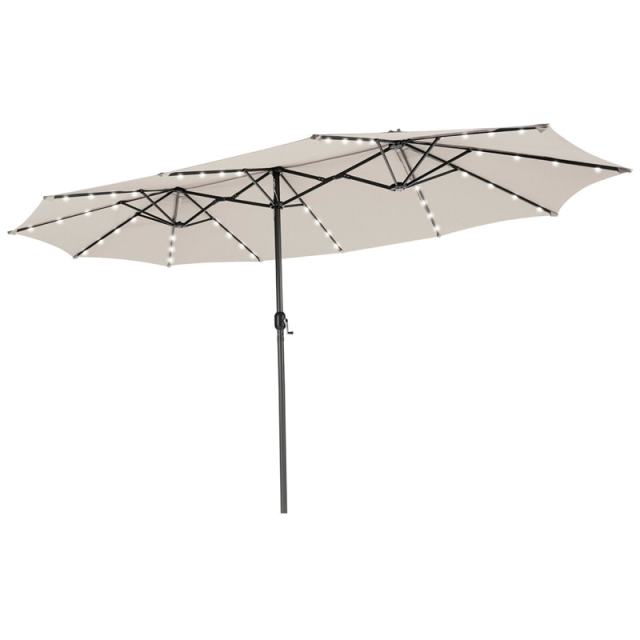 15FT Double-Sided Patio Umbrella with 48 Solar LED Lights & Crank Handle, Extra Large Outdoor Market Umbrella for Poolside, Deck, Backyard