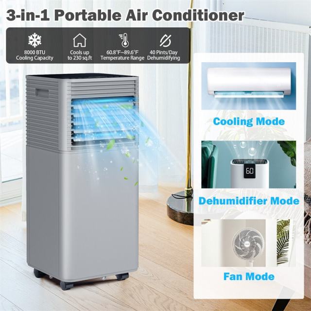 8000 BTU Portable Air Conditioner, 3-in-1 AC Unit Cools 230 sq.ft with Dehumidifier, Fan & Sleep Mode, Remote, Vent Kit for Bedroom, Office