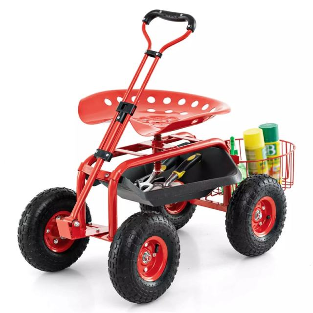 Heavy Duty Rolling Garden Cart with 360° Swivel Seat, Extendable Handle, Tool Tray & Storage Basket, 4-Wheel Gardening Workseat for Patio Yard