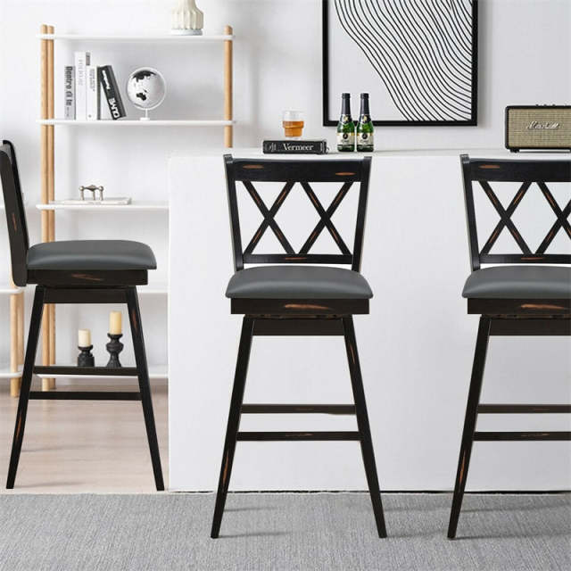 Swivel Bar Stools Set of 2, Rubber Wood 29.5" Counter Height Dining Chairs with Upholstered Cushions, Ergonomic Backrests & Footrests