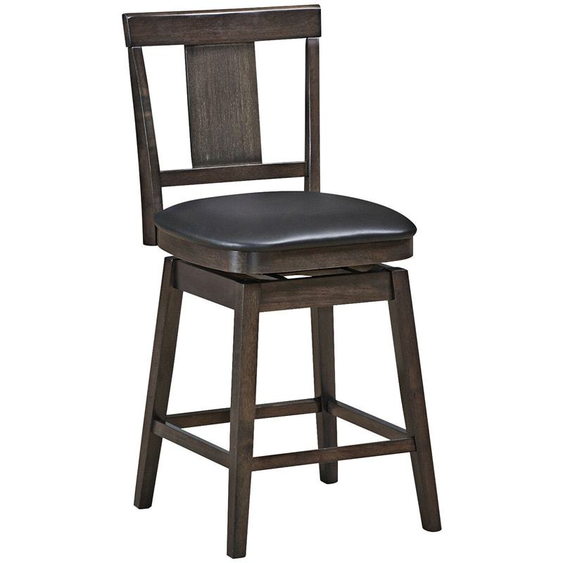 360° Swivel Wood Bar Stool, 24" Counter Height Dining Chair with Back, Leather Padded Seat & Rubber Wood Legs, Upholstered Barstool for Kitchen Island