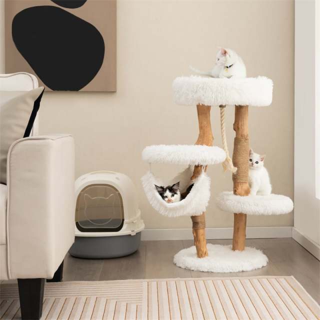 34" Tall Cat Tree Solid Wood Cat Tower Multi-Level Cat Activity Center with Warm Hammock Cozy Top Perch 2 Side Platforms & Jute Scratching Posts