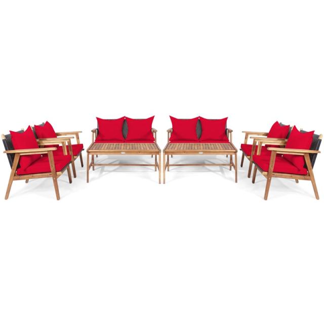 4 PCS Rattan Patio Chat Set Acacia Wood Coffee Table Chair Set with Seat Back Cushions