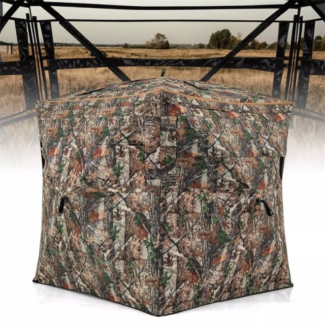 360° One-Way See-Through Hunting Blind 3-in-1 Multifunctional Camo Hunting Tent Stakeout Hunting Blind with Skylight, Roof Cover, Carrying Bag