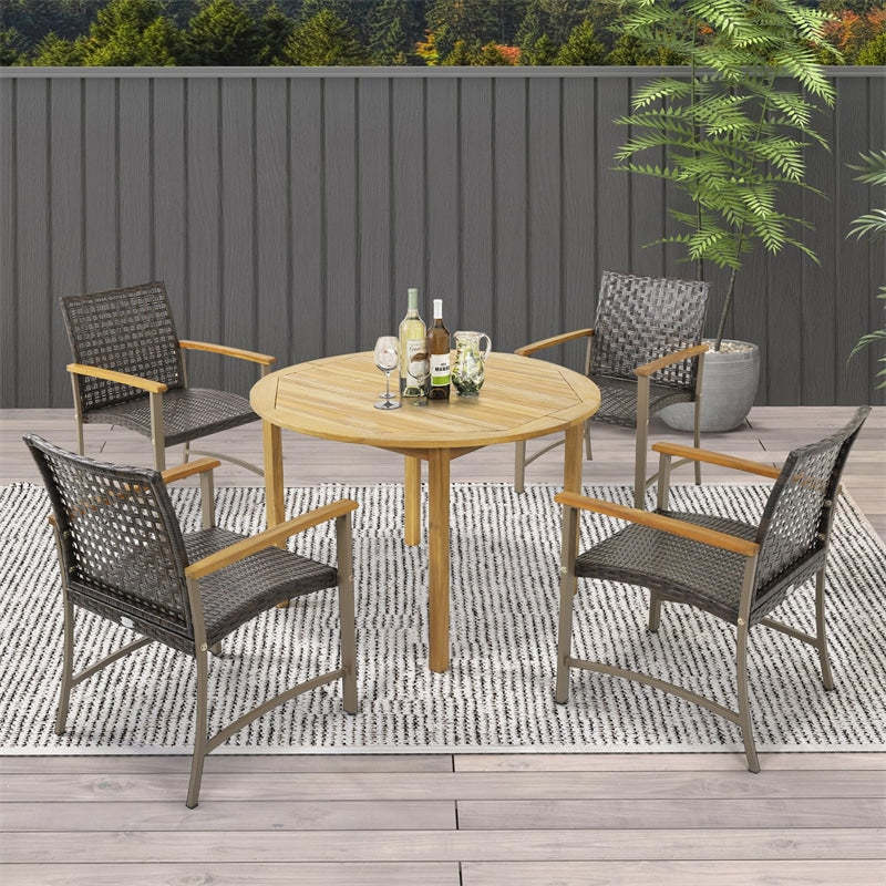 Patio Dining Chairs Set of 4, Outdoor PE Wicker & Metal Frame Chairs with Acacia Wood Armrests, Rattan Armchairs for Garden, Backyard, Poolside
