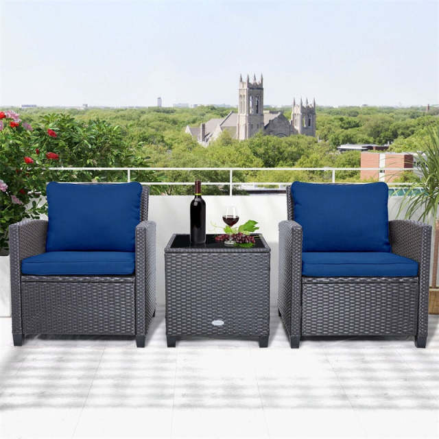 3 Piece Rattan Patio Conversation Furniture Set, Outdoor Wicker Sofa Chair Set with Coffee Table, Washable Cushions & 2-Set Covers
