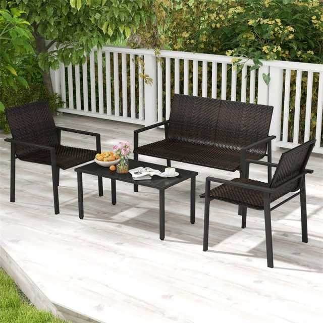 4 Piece Patio PE Rattan Furniture Set Outdoor Wicker Loveseat Chair Table Set Heavy Duty Galvanized Metal Frame for Small Space Balcony