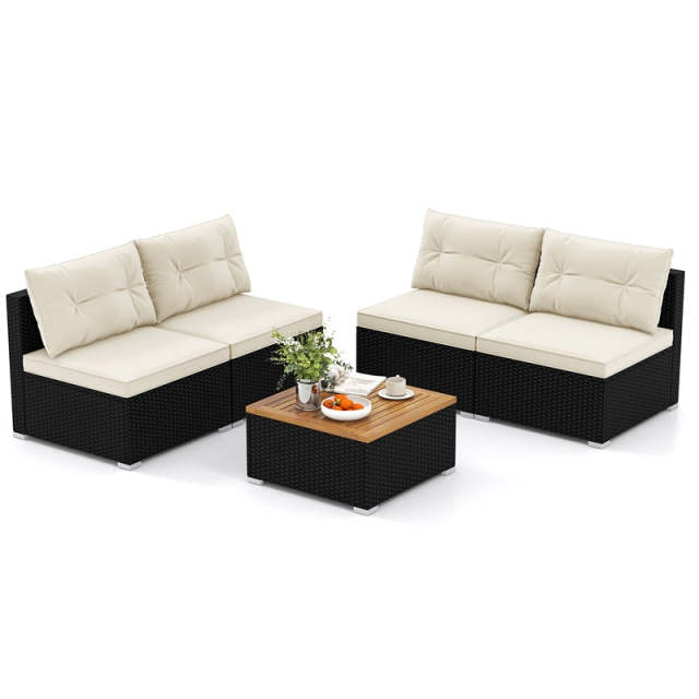 5 Piece PE Rattan Patio Sofa Set with Acacia Wood Top Coffee Table, Seat & Back Cushions, Wicker Outdoor Sectional Furniture for Backyard Garden
