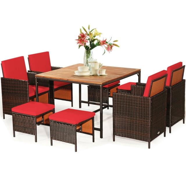 9-Piece Acacia Wood Rattan Patio Dining Set w/Cushioned Chairs, Ottomans & Umbrella Hole, Space Saving Outdoor Furniture for Backyard Garden