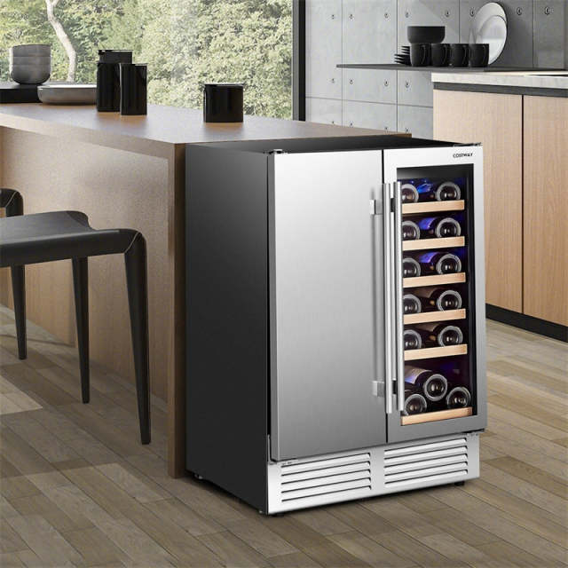 24" Dual Zone Undercounter Wine Beverage Cooler Refrigerator, Built-in Freestanding Wine Fridge for 19 Bottles & 57 Cans, Stainless Steel Door