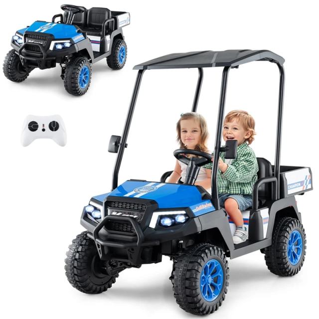 24V Kids Golf Cart, 4WD 2-Seater Electric Ride-On Car with Sun Shade, Storage Trunk, Remote Control & LED Lights for Boys & Girls Ages 3+