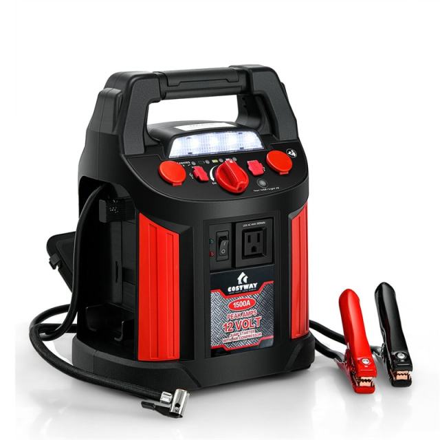 1500A Peak Jump Starter, 180 PSI Air Compressor, Portable Power Bank with 2 USB Ports, Smart Clamps & LED Flashlight for Car Battery & Emergency Use