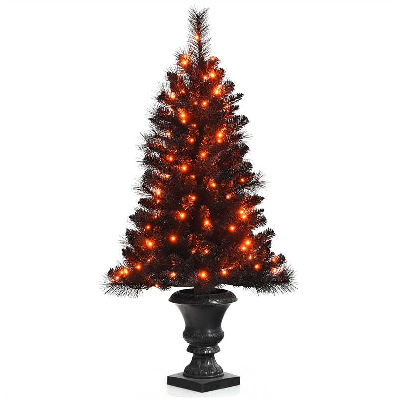 4ft Black Pre-lit Potted Christmas Tree with 100 Orange LED Lights
