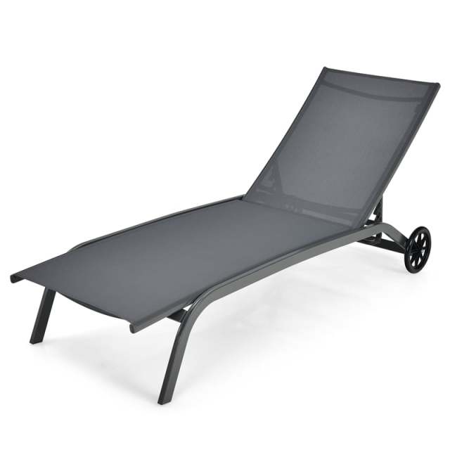 Outdoor Chaise Lounge Chair with 6-Position Adjustable Backrest & Wheels, Quick-Drying Fabric Patio Reclining Sun Lounger for Poolside, Backyard
