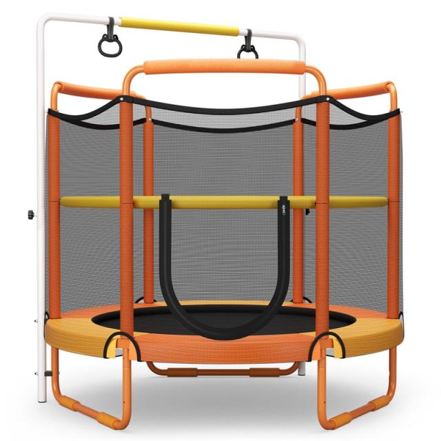 60" Mini Kids Trampoline, ASTM Approved Indoor Outdoor Toddler Trampoline with Swinging Rings, Adjustable Horizontal Bar & Safety Enclosure Net