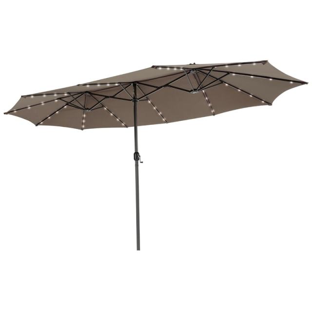 15FT Double-Sided Patio Umbrella with 48 Solar LED Lights & Crank Handle, Extra Large Outdoor Market Umbrella for Poolside, Deck, Backyard
