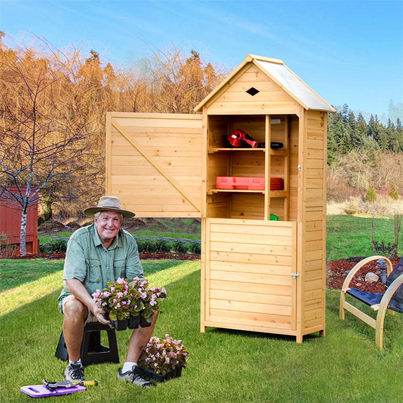 63" Wood Outdoor Storage Shed, Lockable Garden Tool Storage Cabinet with 5 Shelves & Galvanized Sheet Roof, Tool Shed for Patio Yard Lawn
