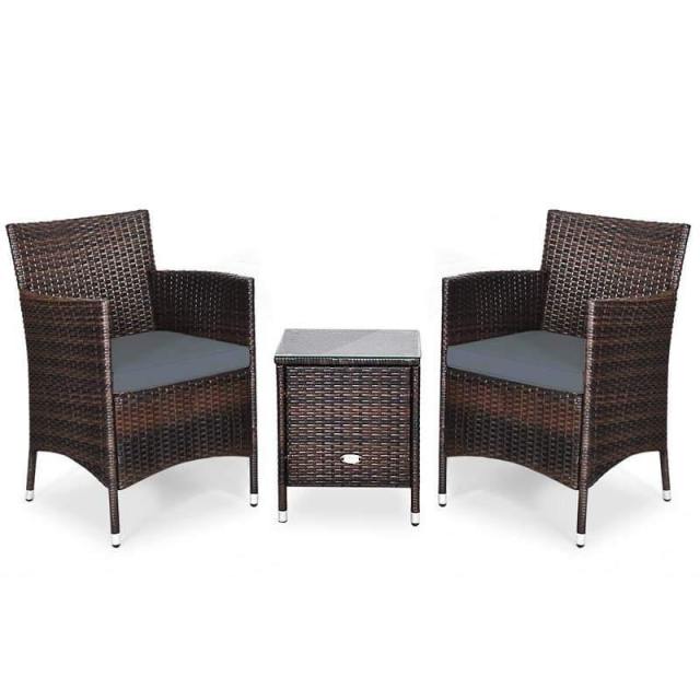 Bestoutdor 3 Piece Patio Rattan Furniture Set, Outdoor Wicker Bistro Set with Cushions & Glass Top Coffee Table for Garden, Porch, Lawn