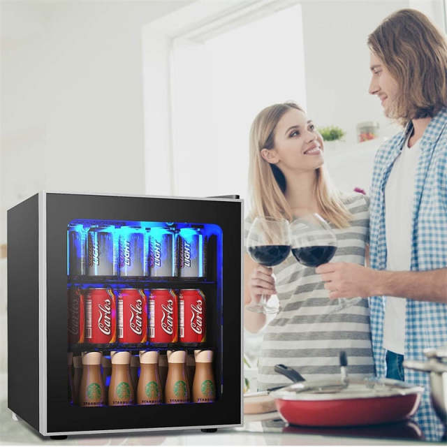 60 Can Mini Beverage Refrigerator, 1.6 Cu.Ft Freestanding Drink Fridge with Glass Door & Removable Shelves, Compact Beverage Cooler for Home Office