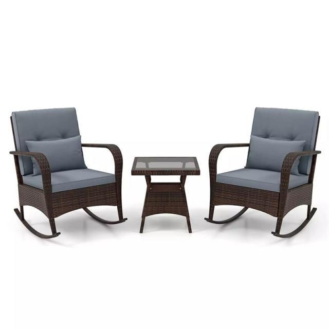 3-Piece PE Rattan Rocking Bistro Set with Removable Cushions & Tempered Glass Table, Outdoor Patio Furniture Set for Porch, Poolside, Backyard