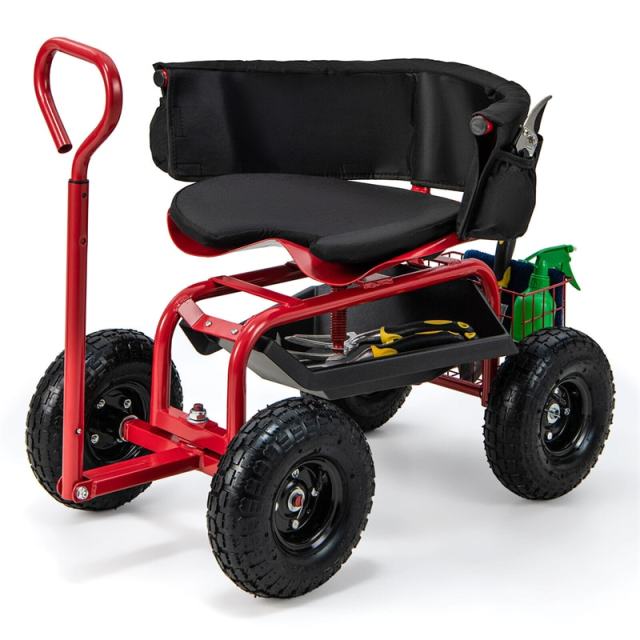 Rolling Garden Cart, Height Adjustable Garden Scooter with 360° Swivel Work Seat, Tool Tray, Storage Basket & Handle for Yard Gardening Work