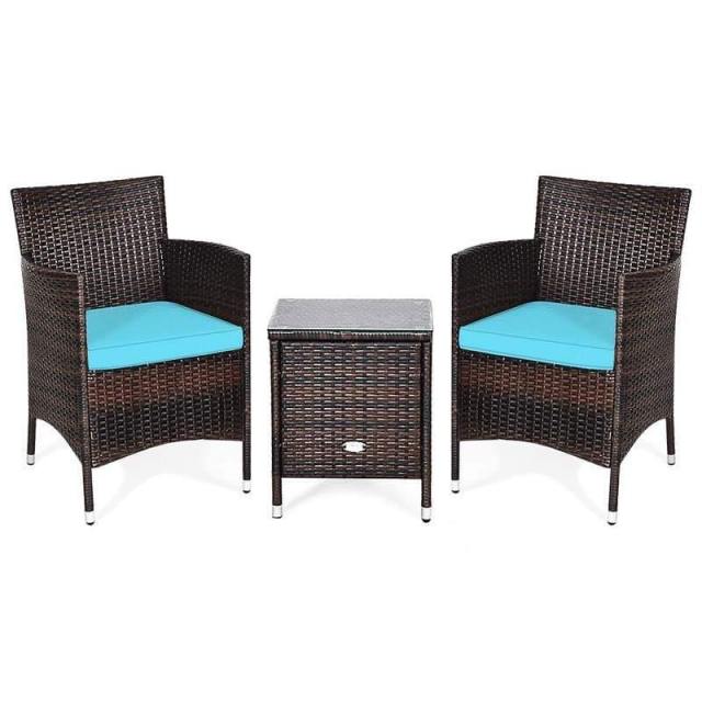 Bestoutdor 3 Piece Patio Rattan Furniture Set, Outdoor Wicker Bistro Set with Cushions & Glass Top Coffee Table for Garden, Porch, Lawn