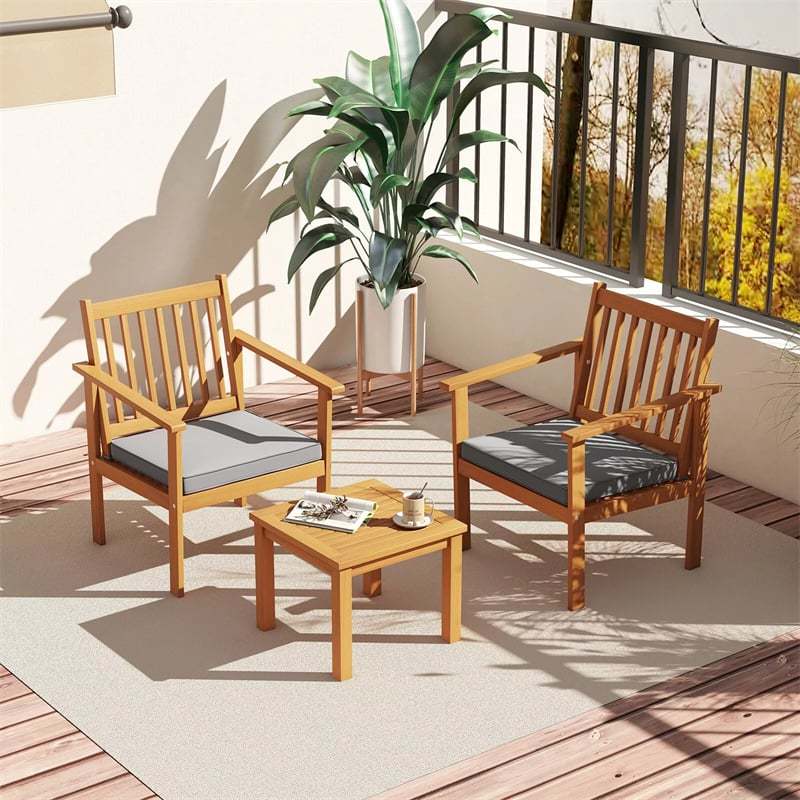 3 Pieces Patio Wood Furniture Set Acacia Wood Chairs & Coffee Table Set with Soft Seat Cushions & Slatted Design for Porch Yard Balcony