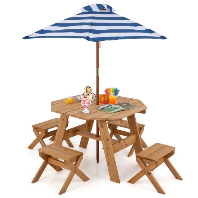 Kids Picnic Table & Bench Set, Fir Wood Octagon Table with Chairs & Removable Umbrella, Toddler Activity Furniture for Patio Garden Backyard
