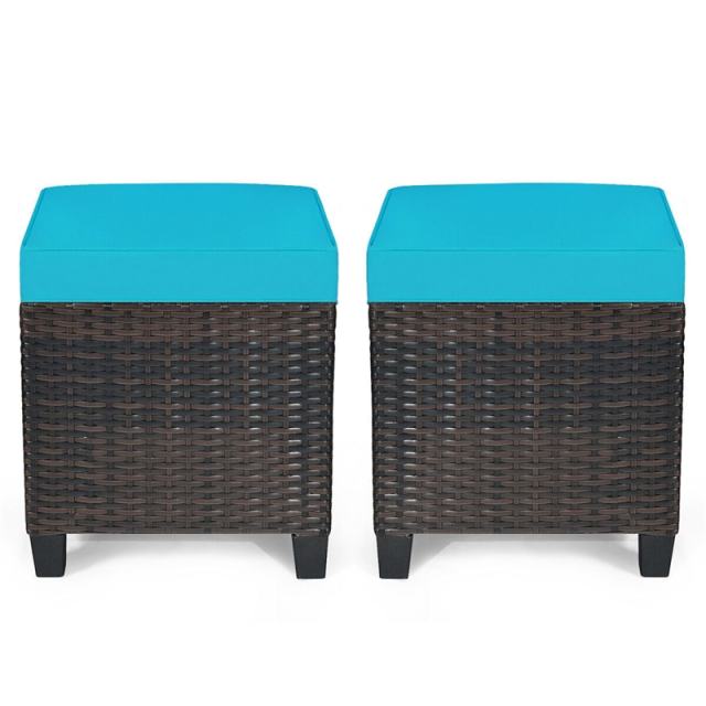 2 Pieces Rattan Patio Ottomans All Weather Outdoor Wicker Ottomans Footstools Footrests with Removable Cushions