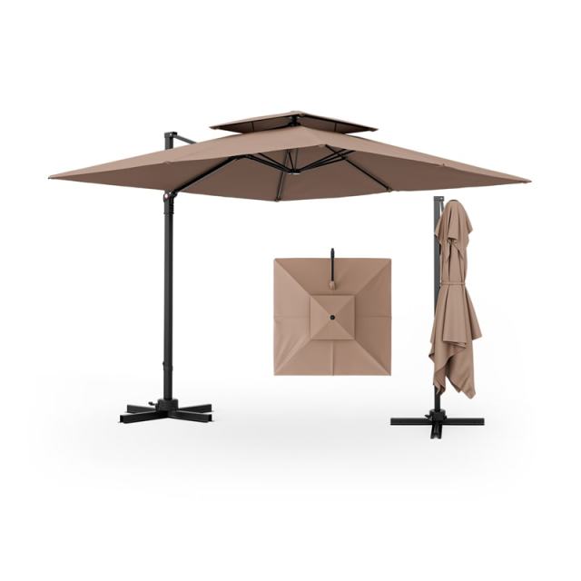 9.5FT Double Top Cantilever Umbrella, Heavy Duty Offset Hanging Patio Umbrella Square Outdoor Umbrella with 360° Rotation & Cross Base