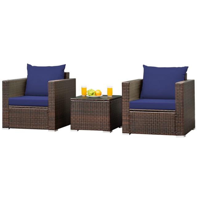 3 Piece Patio Conversation Set, Outdoor Rattan Sofa Furniture Set with Washable Cushions & Tempered Glass Coffee Table for Poolside Backyard