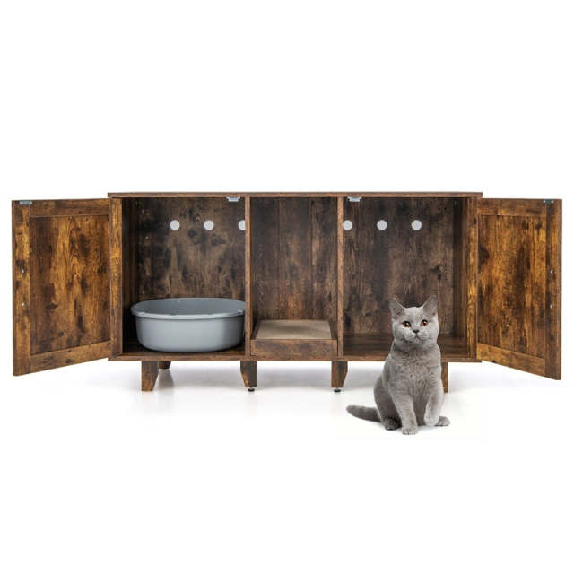 Double Cat Litter Box Enclosure, Large Hidden Cat Washroom Furniture with 2 Cabinets & Scratching Board, Cat House TV Stand Side Table