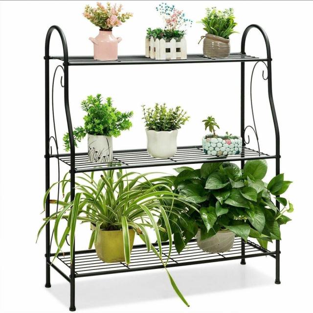 3 Tier Metal Garden Plant Stand Scrollwork Design Plant Shelf Multifunctional Display Rack