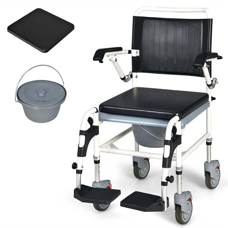 4-in-1 Bedside Commode Shower Chair with Lockable Wheels & Detachable Bucket, Height Adjustable Mobile Toilet Chair for Elderly & Adults