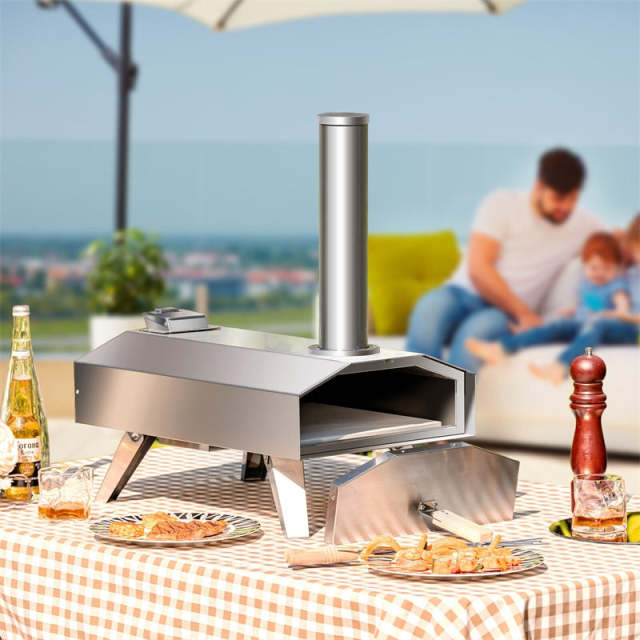 Outdoor Pizza Oven, Stainless Steel Wood Pellet Pizza Oven with 12" Pizza Stone & Foldable Legs, Wood Fired Pizza Maker for Patio Cooking BBQ Camping