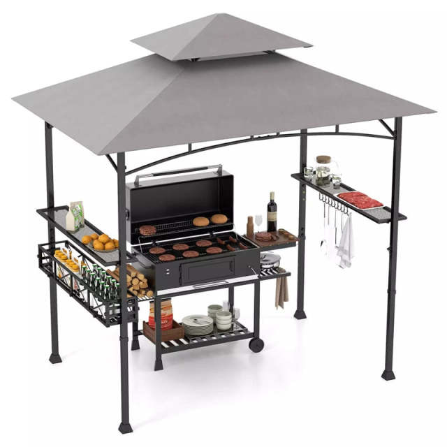 8x5 FT Grill Gazebo, 2-Tier Canopy Top Barbecue Gazebo with 2 Shelves, Storage, 20 Hanging Hooks & Metal Frame for Backyard, Poolside BBQs